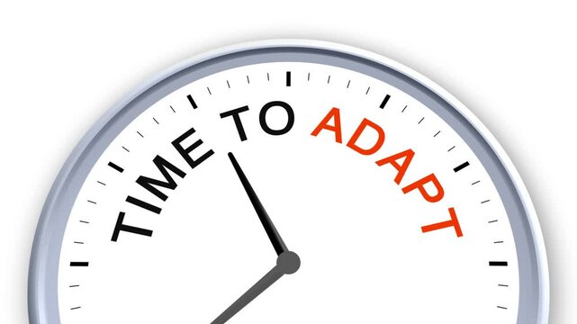 Time to Adapt Word or Text on Clock Moving Fast for Time Concept on White Background and Green Screen