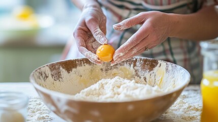 A close-up of a mother guiding her childs hands to crack an egg into a mixing bowl, the flour and ingredients surrounding them