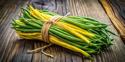 Fresh green and yellow vainitas (yardlong beans) tightly packed together on a rustic wooden surface