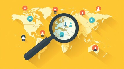 Magnifying Glass Over World Map Showing Locations with People Symbols -  Global Connections Illustration