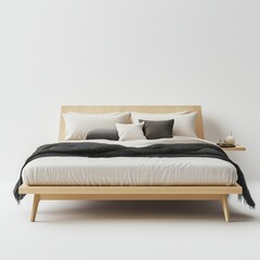 A minimalist bed with decorative pillows and a soft blanket in a bright, simple setting.