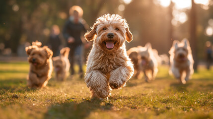 A man playing with his dog at a dog park, with other dogs running around