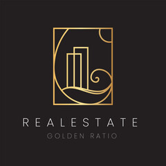 Gold Building with the Golden Ratio concept, Elegant Luxury Real Estate Apartment Logo
