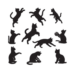 Cat silhouette. Cat playing vector illustration black and white. Funny cat logo, icon.