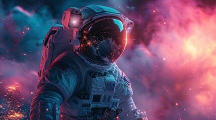 Fototapeta premium An astronaut floats in space, bathed in ethereal light. The astronaut's suit reflects the vibrant colors of the surrounding nebula.