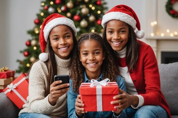 portrait of cheerful african american family in red santa claus hats celebrating christmas, taking selfie, smiling excited teenager daughter holding present box, looking at camera posing for photo