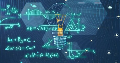Animation of mathematical equations over lightbulb and shapes - Powered by Adobe
