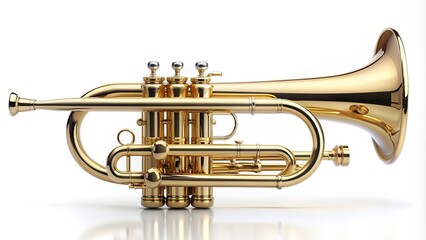 Obraz premium play, performance, musical, orchestra, brass, jazz, shiny, wide-angle, sound, professional, symphony, band,trumpet, classical, Trumpet classical instrument isolated on white Wide Angle