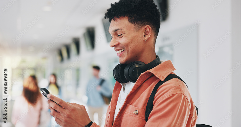 Poster campus, results or happy man with phone in university for learning application or education. social 