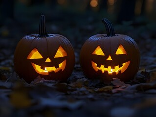 Two Glowing Jack-o'-Lanterns in a Forest at Night