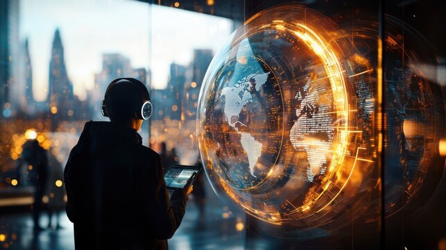 Futuristic Global Education Hub: Students Studying in High-Tech Library with City Skyline Views and Interactive Holograms