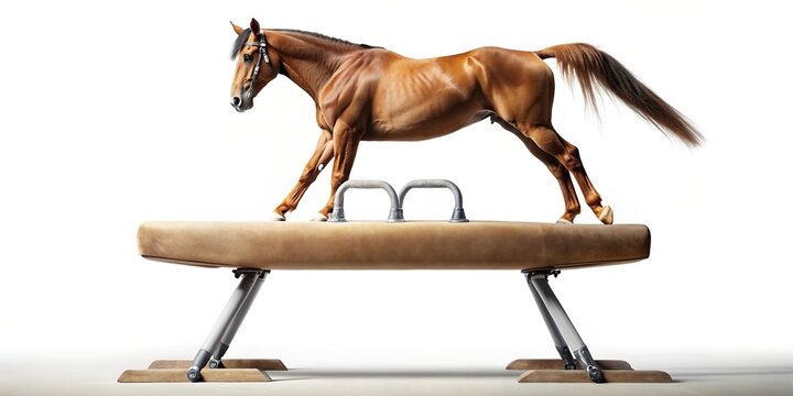 A detailed description and keywords for the concept of a gymnastic horse isolated on a white background reflected Gymnastic horse, gymnastic routine, wooden horse, flexibility
