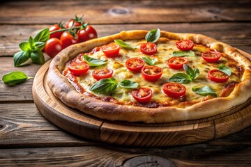 A close up shot of a delicious mouthwatering pizza with a perfectly golden crispy crust served on a rustic wooden board, toppings,pizza, deliciousness, oven-baked, delicious, food
