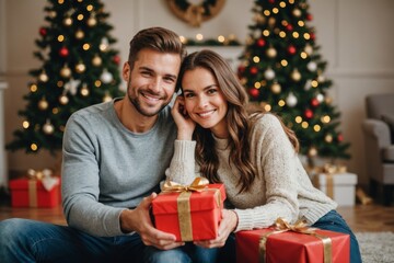 portrait of happy bonding loving couple sitting near christmas tree with wrapped gifts