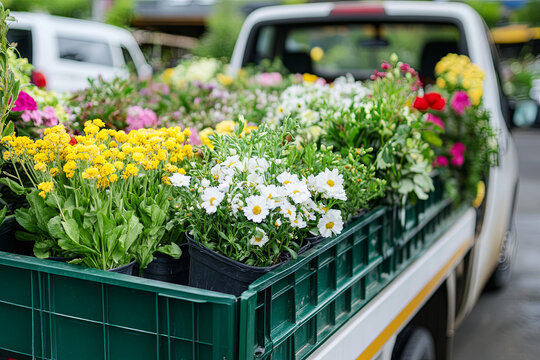 Truck delivering flowers and plants to a garden center