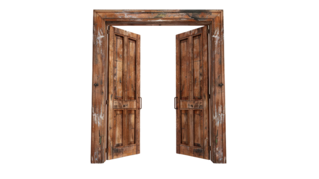 Open brown double door on transparent background