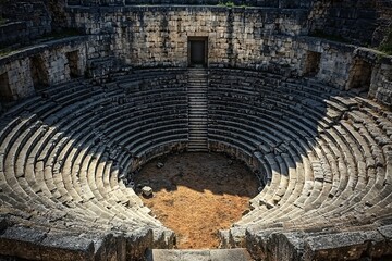 An ancient arena embodies architectural brilliance, featuring elaborate stone craftsmanship and a timeless allure.
