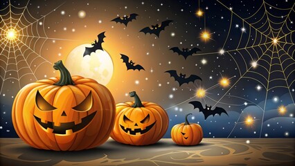 Midnight darkness surrender to twinkling stars and a crimson-orange pumpkin's warm glow, shrouded in eerie cobwebs and