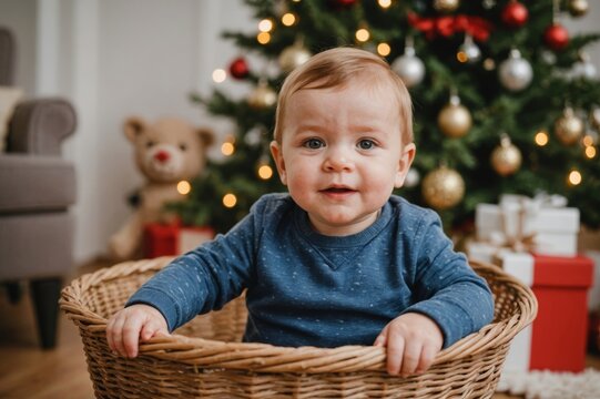 a little boy 1 year old sits in a basket against the background of a christmas tree