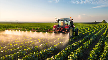 Fototapeta premium tractor spraying field ,generative ai