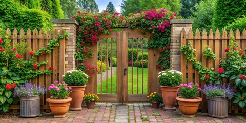 Fototapeta premium nature, peaceful, landscaping, outdoors, tranquil, colorful, symmetry, Entrance to a charming flower garden with a symmetrical wooden fence and flower pots at the entrance