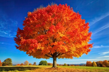landscape, fall, tree, seasonal, rock maple, nature, Photo of a single sugar maple tree in full autumn foliage displaying vibrant shades of red orange and yellow against a clear blue sky