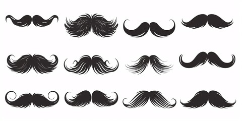 A dark mustache symbol on a plain white backdrop. Collection of mustache icons.