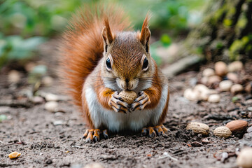 Obraz premium Red squirrel eating nuts in the forest