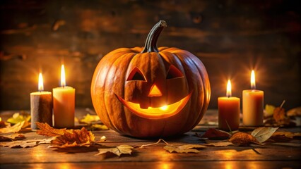 On Halloween night, a carved pumpkin's warm glow emanates from beneath a flickering candle, casting a gentle light