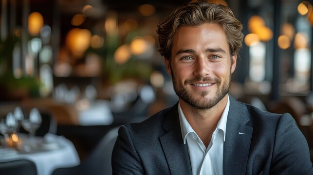 Handsome Young Businessman in Elegant Suit Smiling at Camera in Restaurant, High-Resolution Portrait Photography with Beautiful Interior Setting

