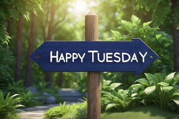 Fototapeta premium Happy Tuesday Signpost in a Lush Green Forest