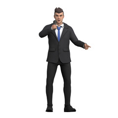 Obraz premium 3D Professional Lawyer Character. A male lawyer is giving a presentation confidently while holding a microphone, showing a firm and authoritative attitude. Male Attorney