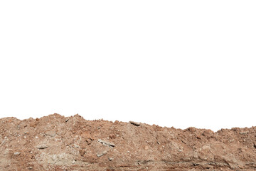 A long pile of brown-orange colored soil. On isolated white background with clipping path.