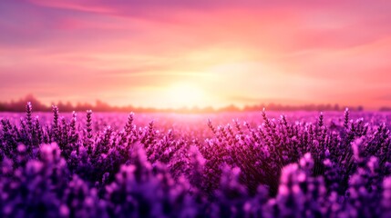 Fototapeta premium Delicate lavender fields stretching to the horizon, soft focus, dreamy pastel palette, digital painting, evokes a calm and serene spring landscape