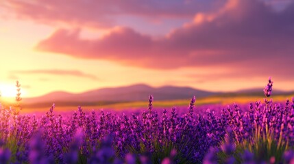Obraz premium Delicate lavender fields stretching to the horizon, soft focus, dreamy pastel palette, digital painting, evokes a calm and serene spring landscape