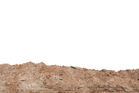 A long pile of brown-orange colored soil. On isolated white background with clipping path.