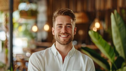 Fototapeta premium Happy positive millennial business man in casual, company owner, startup leader, professional posing, looking at camera, smiling. Businessman indoor head shot portrait in loft interior