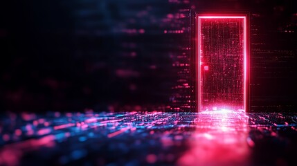 Futuristic glass door ajar, emitting a vibrant holographic glow that highlights a digital path leading forward. Tech-inspired, neon colors, cyber-futurism, sharp details
