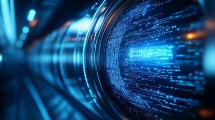 Futuristic silver vault door with blue holographic displays, advanced AI security interface, glowing lines and circuits embedded, dark cyber environment, digital art