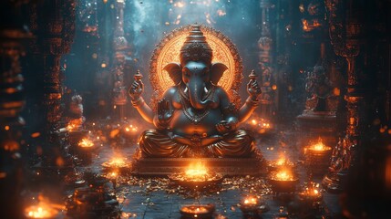 Ganesha idol in a nostalgic temple, golden offerings surrounding him, swirling incense, retro-futuristic vibe, steampunk elements, soft glowing lights, intricate linework