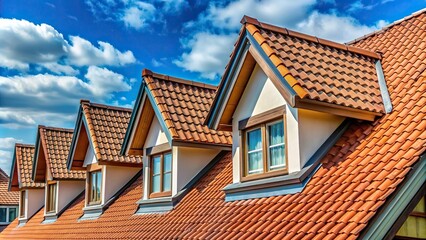 The stock photo shows the roof of a house or apartment building at a tilted angle giving a unique and dynamic perspective, home, slanted, sunlight, property, housing, design, angle