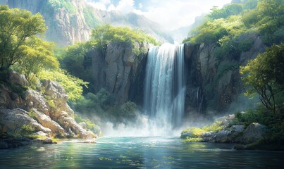 A stunning waterfall plunges into a calm pool, surrounded by verdant mountains and trees, creating a serene natural landscape.