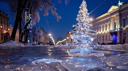 Fototapeta premium Glowing ice Christmas tree on the city square. Concept of celebrating Christmas and New Year.