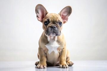 Fototapeta premium A playful French Bulldog puppy sits on a clean white background its adorable features reflected below, canine, attentive, expression, dog, adorable, young, cute, domestic animal
