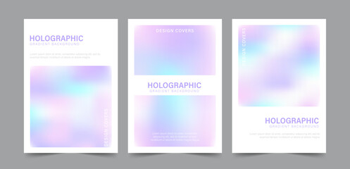 Y2k Holographic Gradient Background. Set of trendy abstract neon templates. Iridescent aura posters. Modern pearlescent vector. Pastel minimalist backdrop for posts, brochures or banners.