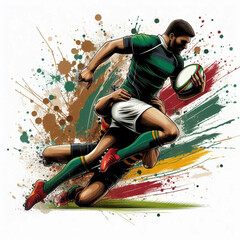 Rugby player in action sprinting with intense energy and colorful splashes

