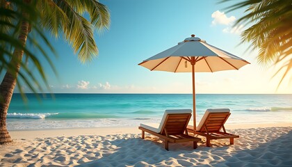 Fototapeta premium Relaxing Beach Scene with Loungers and Umbrella.