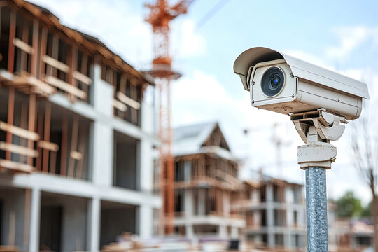 Surveillance camera monitoring a construction site with houses and tower cranes