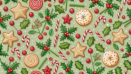 Seamless pattern of festive mistletoe, lollipops, and cookies perfect for holiday decor and gift wrapping