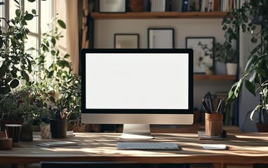 A cozy home office setup surrounded by plants, featuring a blank computer screen and warm natural light, ideal for productivity and creativity.